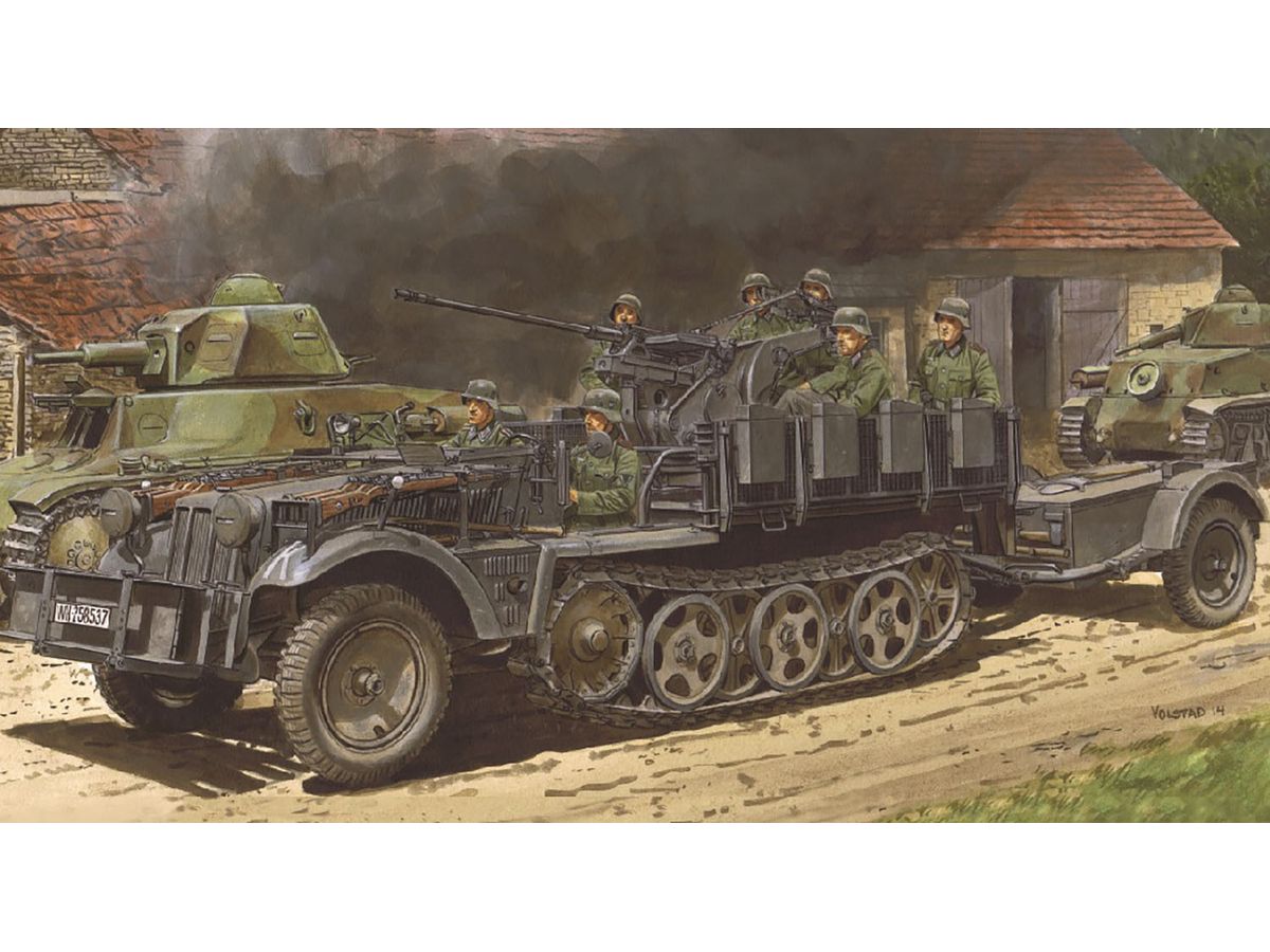 WWII German Sd.Kfz.10/4 1t Half-Track with 2cm Flak30 Anti-Aircraft Gun and Ammunition Trailer (Smart Kit)