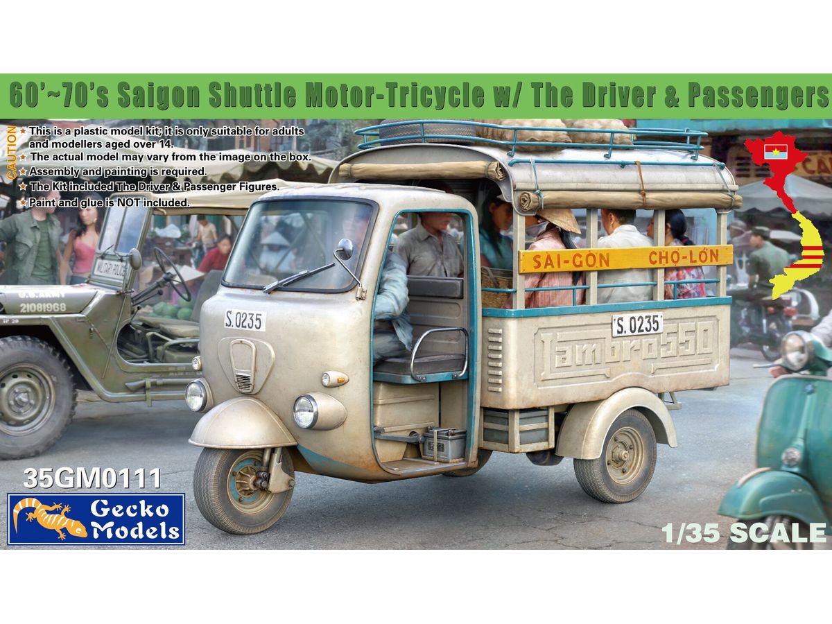 '60s-'70s Saigon Shuttle Motor-Tricycle w/Driver & Passengers