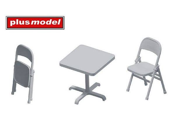 The set includes two unfolded and two folded chairs and a square table. Made by 3D printing.