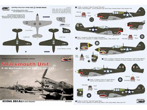 Sharkmouth Unit Camouflage schemes and decals for P-40s of the 51FG over CBI (decals for 5 a/c / 4 sets nat'l insignia)