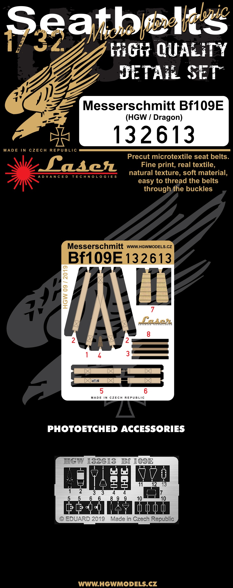 HGW 1/32 scale Messerschmitt Bf109E-7 seatbelts for HGW/Dragon kit - 132613