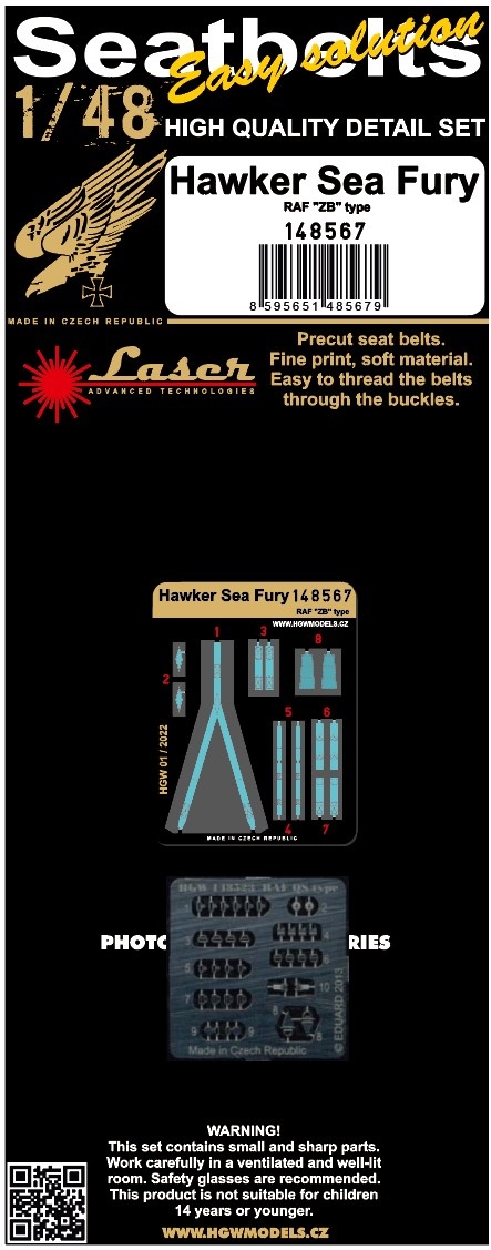 HGW 1/48 scale Hawker Sea Fury ZB type laser-cut seatbelts and PE buckles - 148567 HGW 1/48 scale Hawker Sea Fury ZB type laser-cut seatbelts and PE buckles - 148567