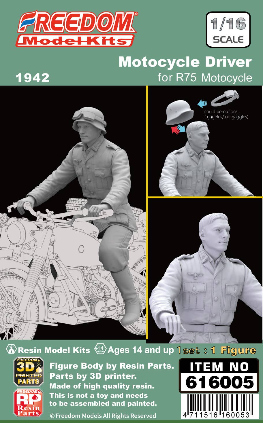 thumbnail image 2 of Freedom Model Kits 16005 1/16 Scale WWII German Military Motorcycle R75 With Sidecar – Plastic Kit 2 of 4