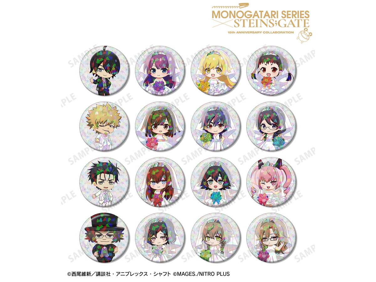 Monogatari Series x Steins;Gate: 1Box 16Pcs Trading Chibi Character Wedding Dress & Tuxedo Ver. Holographic Pin Badge