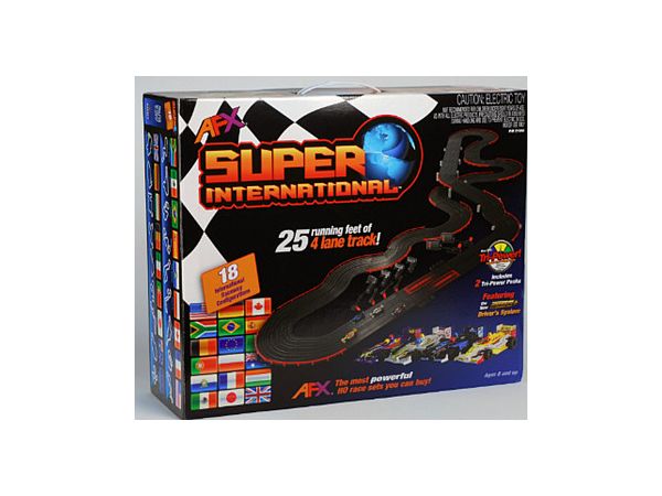 Afx Slot Car Set Super International (4 1/64 Scale Formula Cars, 4 Controllers, 2 Power Packs, Over 7M Course, Complete Set Of Spare Parts)