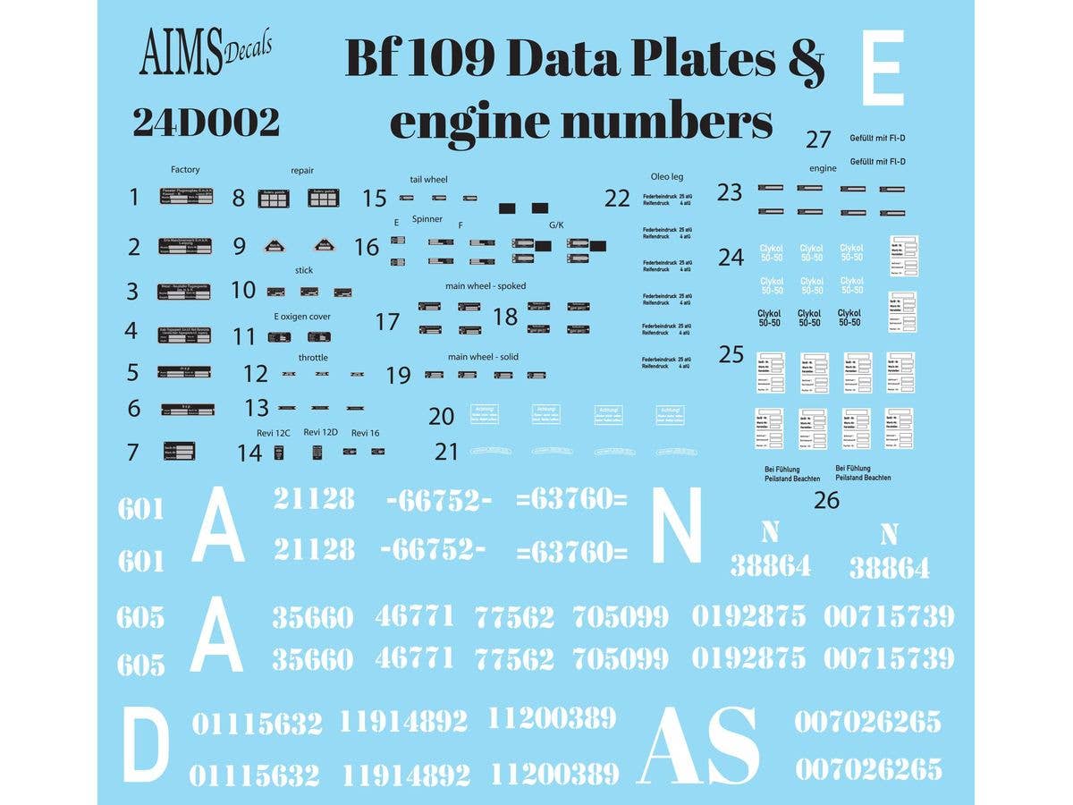 Bf109 data plates and engine number decals