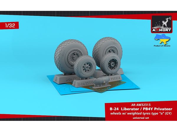 B-24 Liberator / PB4Y Privateer Wheels w/ Weighted Tires Type A (GY), 2 Types Nose Wheels, 3D-Printed Mudguard & PE Hubcaps