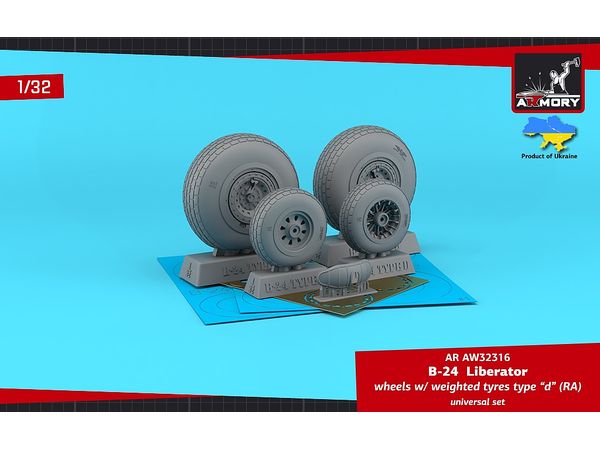 B-24 Liberator wheels w/ weighted tyres type d (RA), 2 types nose wheels, 3D-printed mudguard & PE hubcaps