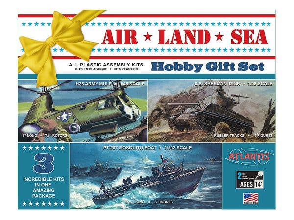 Air, Land, Sea Hobby Gift Set: 1/48 Sherman Tank, 1/48 H25 Helicopter, 1/102 P-207 Mosquito Boat