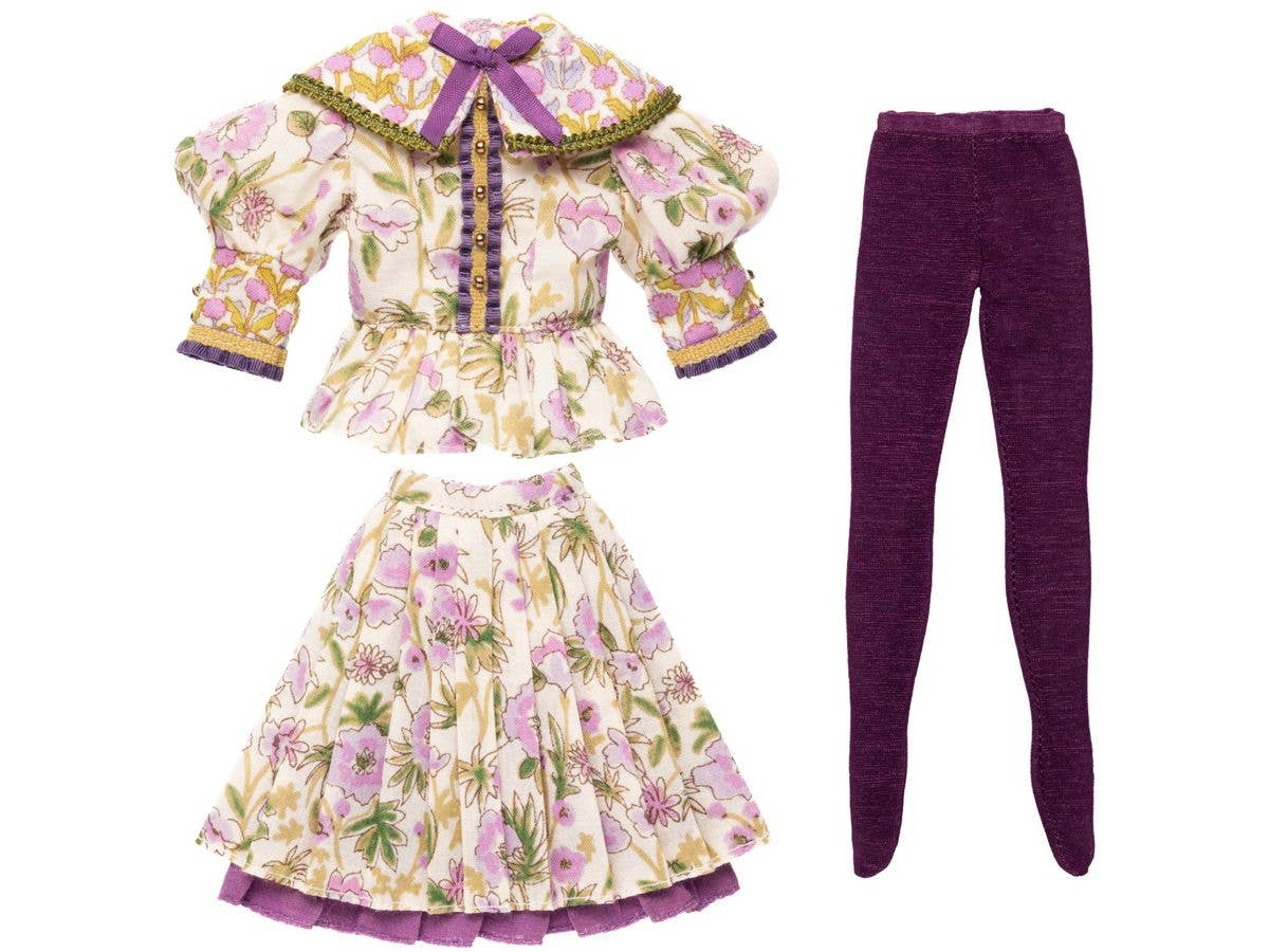 BonBons Floral Print Mix Blouse & Skirt Set Beige x Purple
