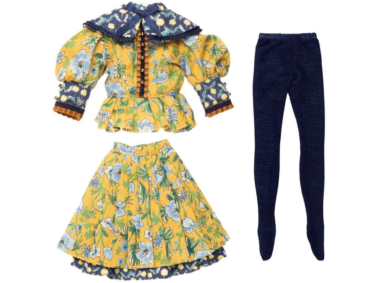 BonBons Floral Print Mix Blouse & Skirt Set Mustard x Navy