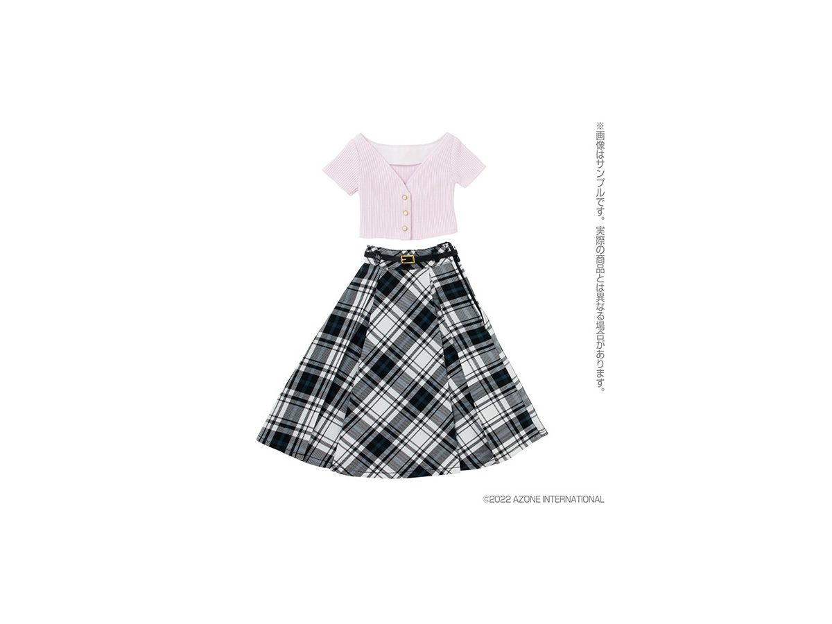 AZO2 V-neck Knit & Flared Skirt Set Lilac x Blue Check