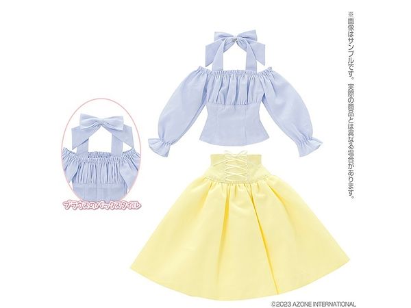 AZO2 Off Shoulder Blouse & Corset Skirt Set Light Blue x Yellow