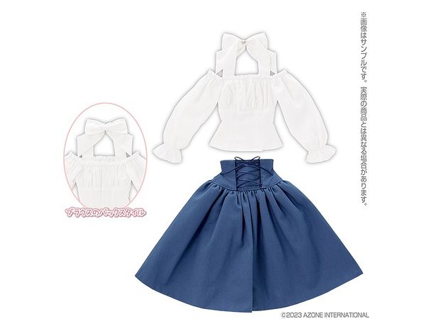 AZO2 Off Shoulder Blouse & Corset Skirt Set White x Navy