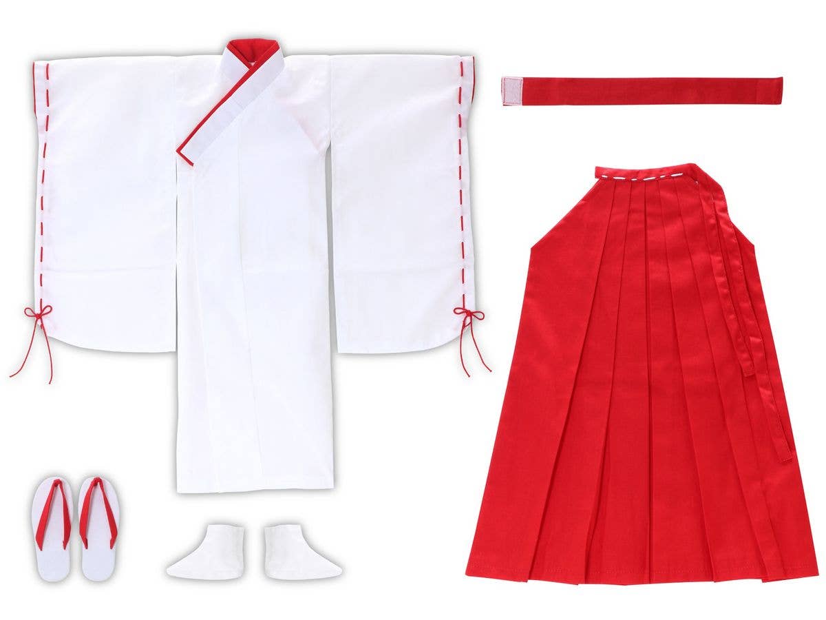 50 Shrine Maiden Outfit Set (Haori, Hakama, Obi, Tabi, Zori) Red x White