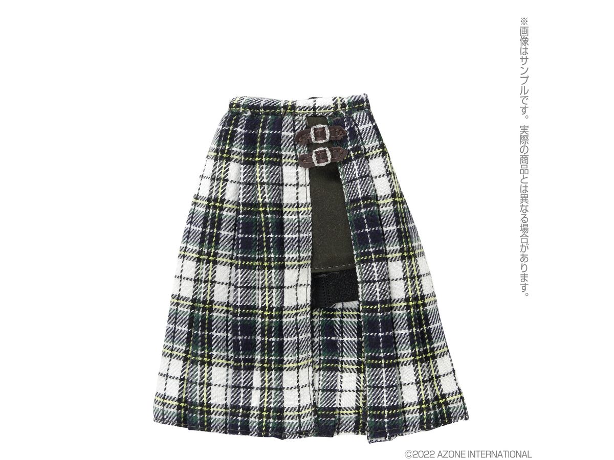 PNM Side Belt Slit Pleated Skirt Green Check x Dark Brown