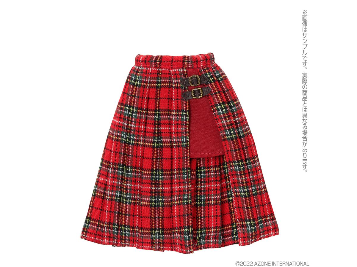 PNM Side Belt Slit Pleated Skirt Red Check x Brown