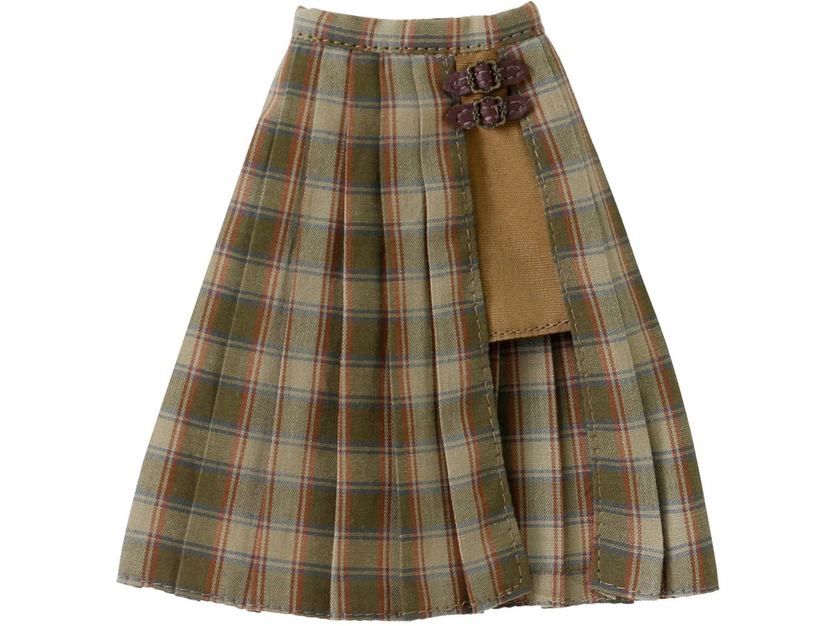 PNM Side Belt Slit Pleated Skirt II Moss Green x Brown x Blue Check