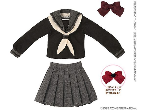 PNS Long Sleeve Classical Sailor Scarf & Ribbon Set Gray x Black