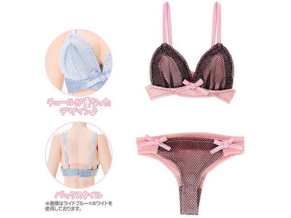 Q'z Overtulle Bra & Shorts set Pink x Black