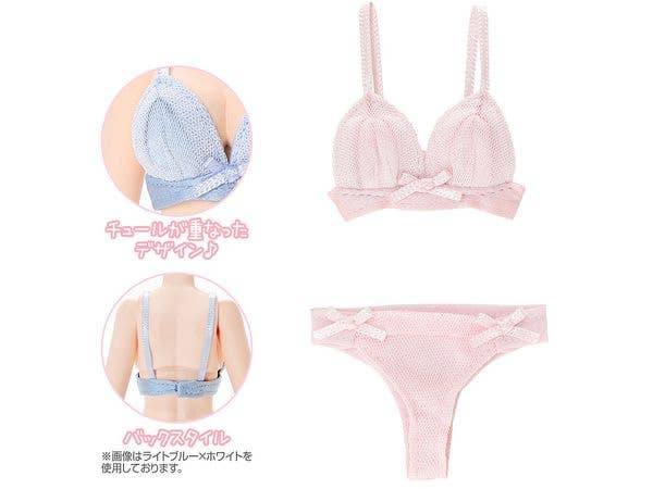 Q'z Overtulle Bra & Shorts set Pale Pink x White