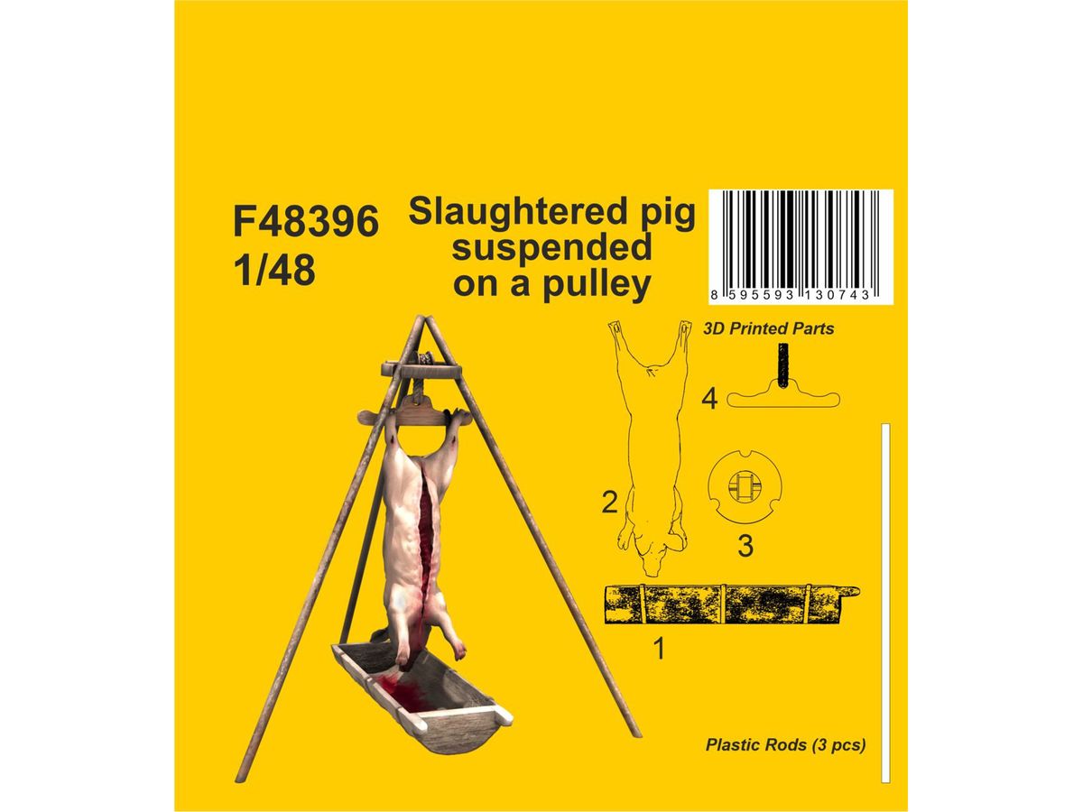 Slaughtered pig suspended on a pulley