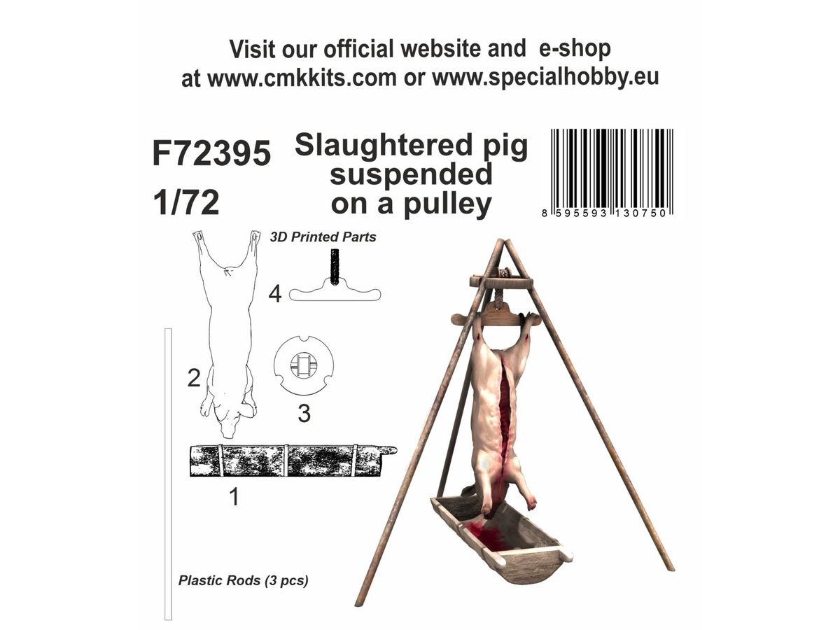 Slaughtered pig suspended on a pulley