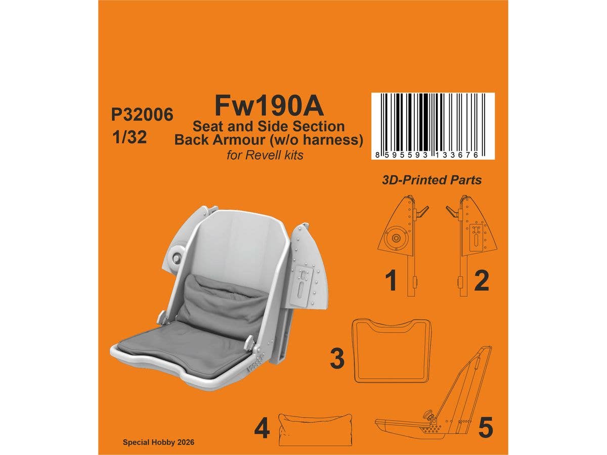 Fw190A Seat and Side Section Back Armour (w/o harness) for Revell kits
