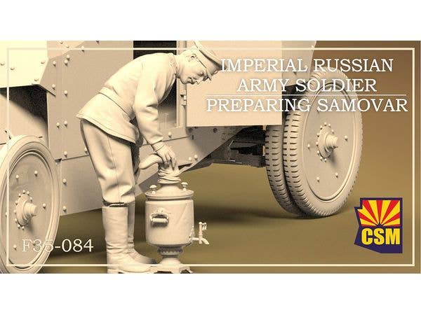 Imperial Russian Army soldier preparing samovar