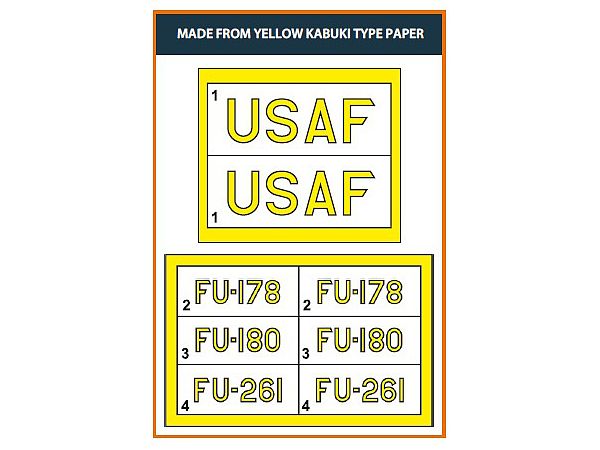 F-86A pre-cut patterns for numbers and lettering painting mask on yellow kabuki paper for CPU4825 kit