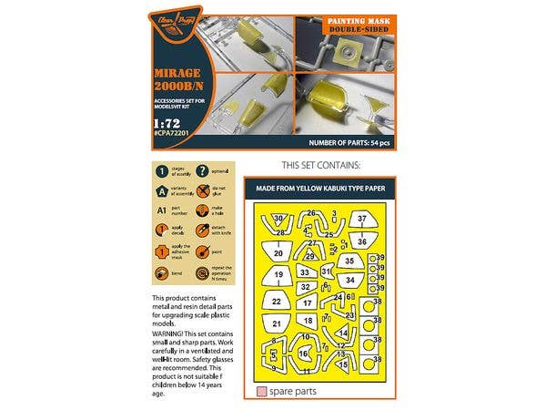 Mirage 2000B/N double-sided painting mask on yellow kabuki paper for Modelsvit kit