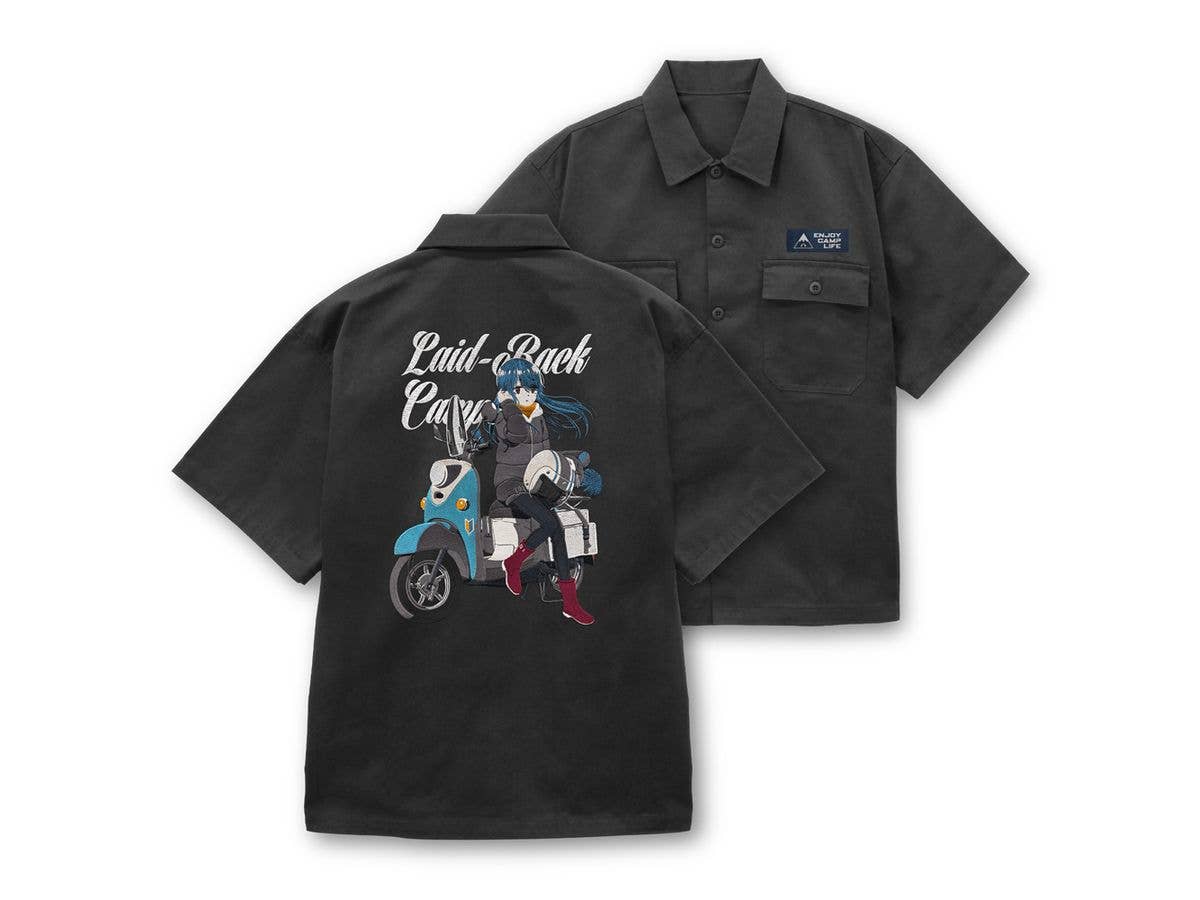 Laid-Back Camp SEASON 3: Original Illustration of Shima Rin Embroidered Work Shirt, Bike Break Ver. / GRAY-XXL