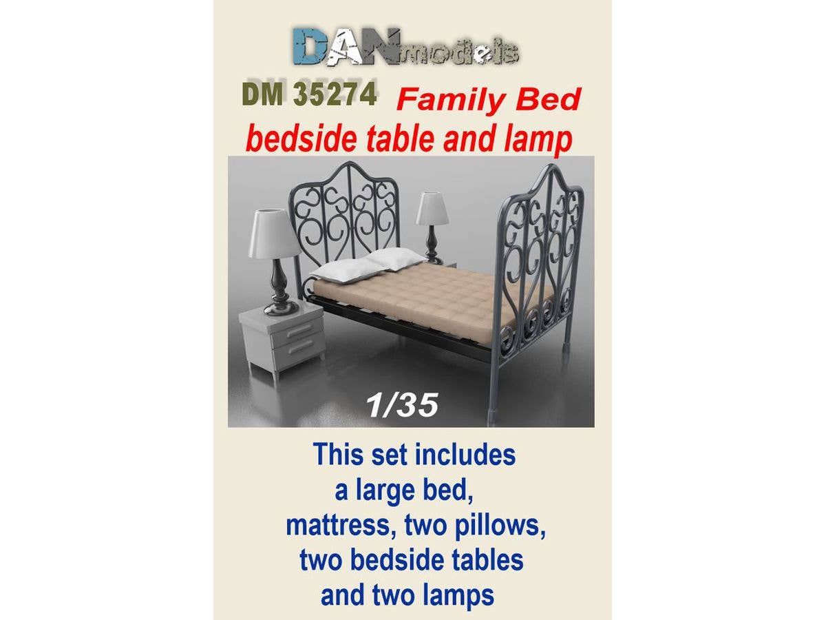 Family bed, bedside table and lamp