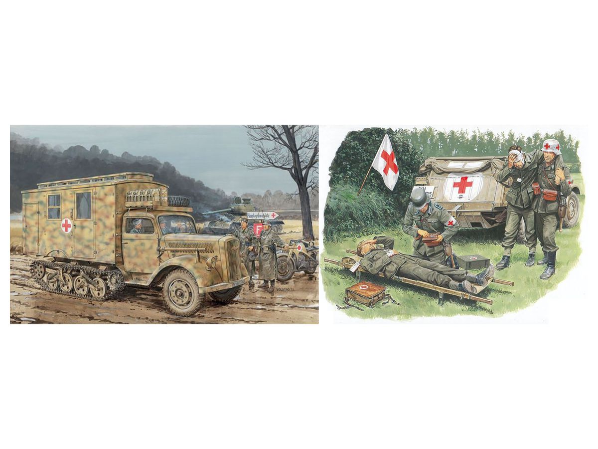 WW.II German Army Sd.Kfz.3 Maultier Field Ambulance w / Medic & Injured Soldier Figure