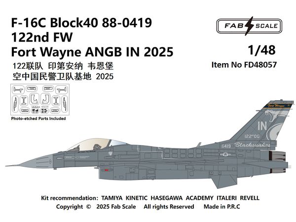 F-16C Block40 122nd FW Fort Wayne ANGB IN 2025 (Photo-etched Parts Included)