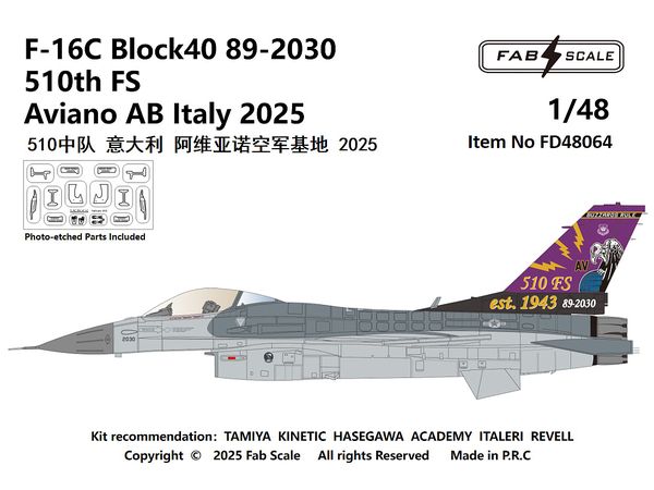 F-16C Block40 89-2030 510th FS Aviano AB Italy 2025 (Photo-etched Parts Included)