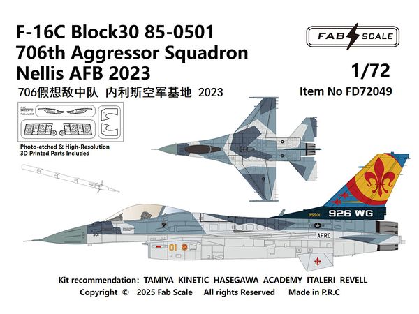 F-16C Blk30 706th Aggressor Squadron Nellis AFB 2023 (Photo-etched & 3D Printed Parts Included)