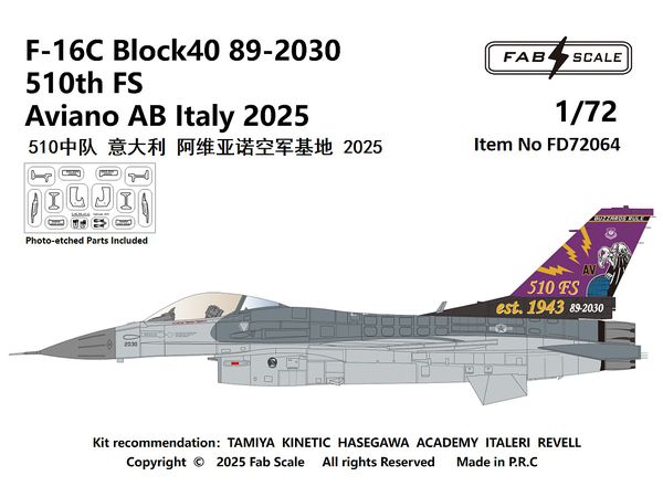 F-16C Block40 89-2030 510th FS Aviano AB Italy 2025 (Photo-etched Parts Included)