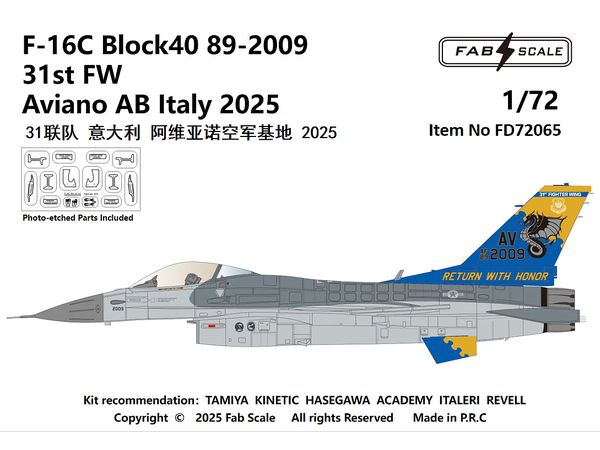 F-16C Block40 89-2009 31st FW Aviano AB Italy 2025 (Photo-etched Parts Included)