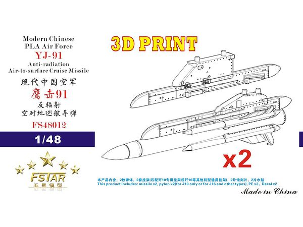Modern Chinese PLA Air Force YJ-91 Anti-radiation Air-to-surface Cruise Missile with Pylons (2 pcs) 3D Printing