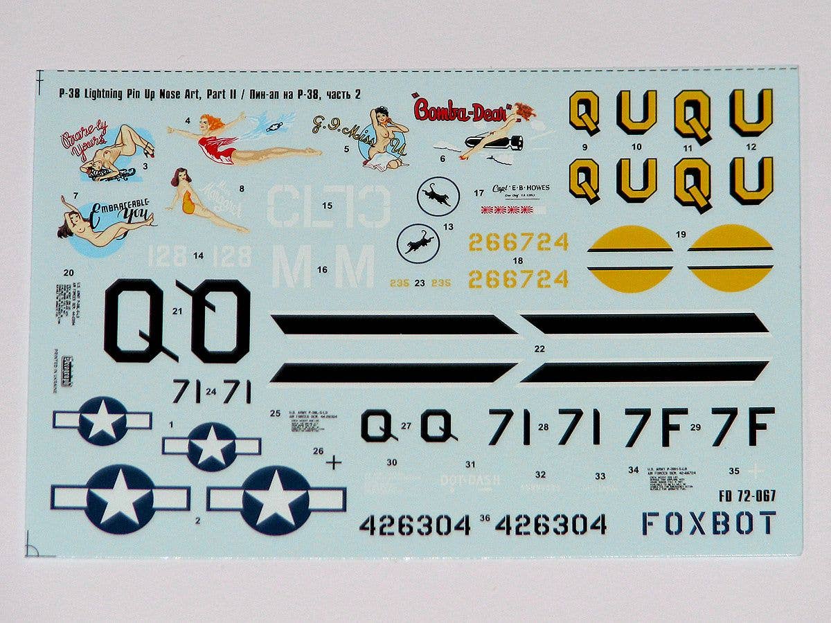 Lockheed P-38 Lightning Pin-Up Nose Art, Part II and Stencils 72-030 (Foxbot Decals)