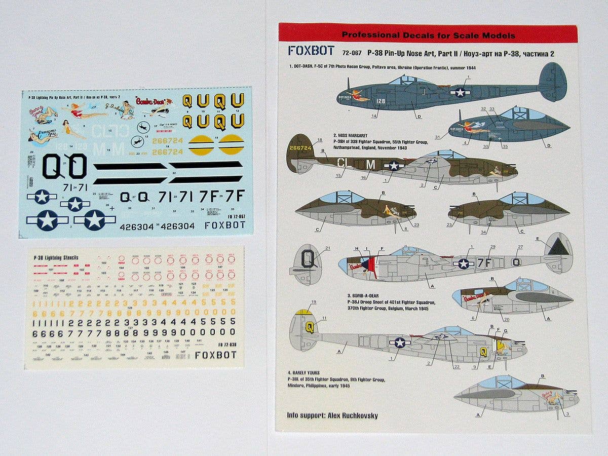 Lockheed P-38 Lightning Pin-Up Nose Art, Part II and Stencils 72-030 (Foxbot Decals)