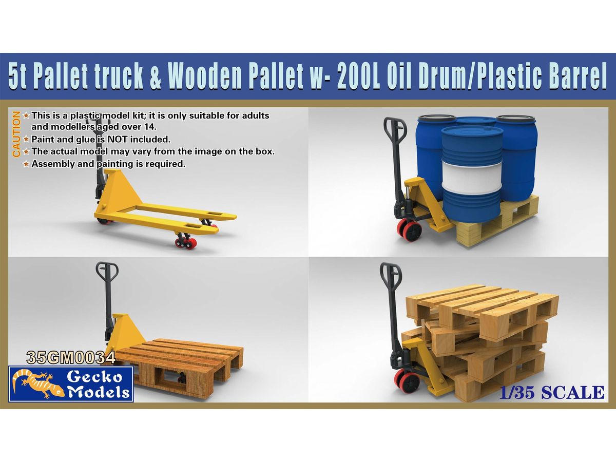5t Pallet Truck & Wooden Pallet w- 200L Oil Drum-Plastic Barrel Set
