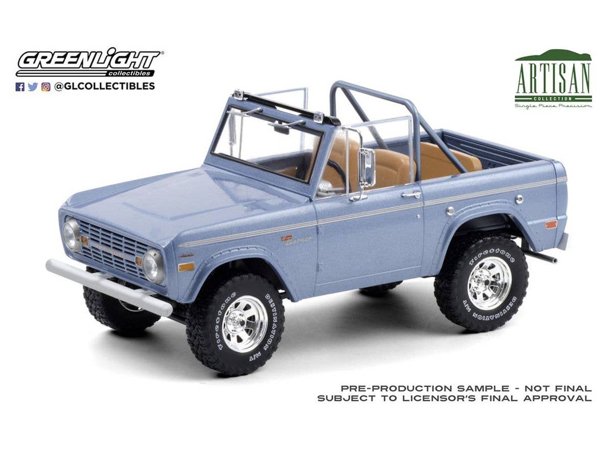GreenLight Artisan Collection 1969 Ford Bronco Sport Brittany Blue with Sunraysia Wheels, Tow Mirrors, Custom Roll Bar and Tube Front Bumper