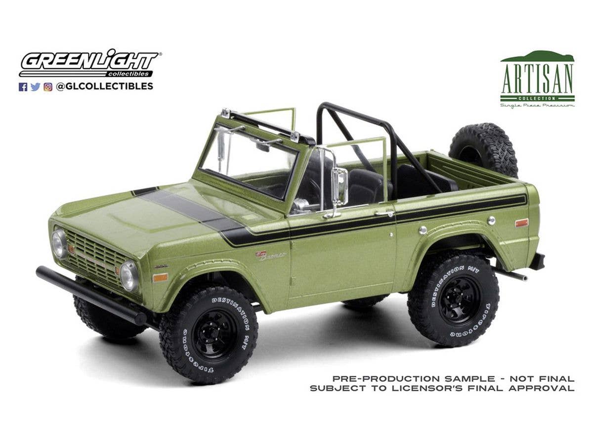 GreenLight Artisan Collection 1975 Ford Bronco Sport Medium Green Glow with Sunraysia Wheels, Tow Mirrors, Custom Roll Bar and Tube Front Bumper