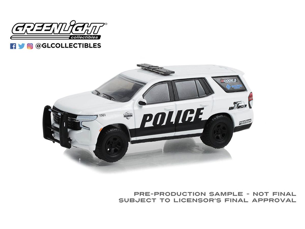 GreenLight Hot Pursuit - 2021 Chevrolet Tahoe Police Pursuit Vehicle (PPV) - General Motors Fleet Police Show Vehicle - White and Black
