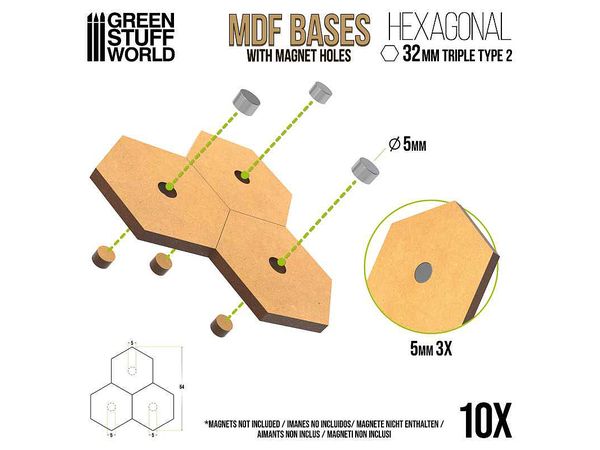MDF Hexagonal Triple Base Set type 2 (Diameter 32mm) 10 pcs
