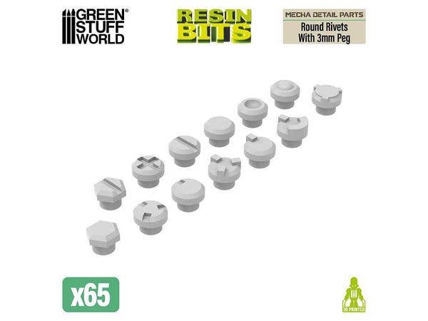 Mecha Detail Parts - Round Rivets with 3 mm Pegs (65pcs)