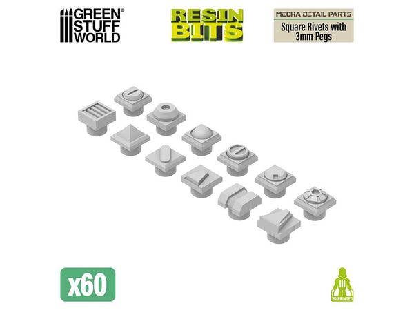 Mecha Detail Parts - Square Rivets with 3 mm Pegs (60pcs)