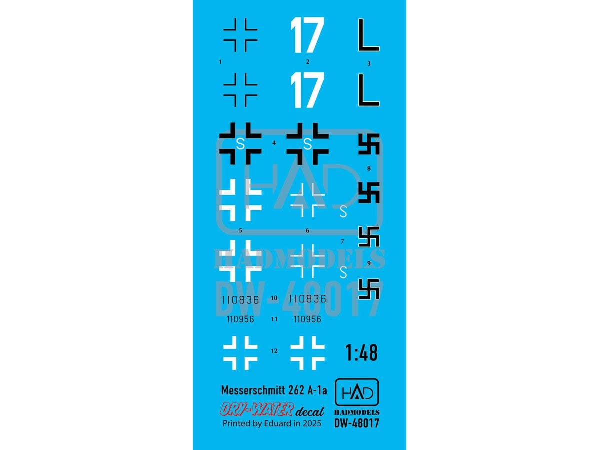 Messerschmitt Me262A-1 (Luftwaffe black L, white 17) decal sheet